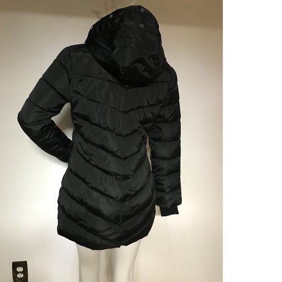 Black Long Coat Jacket Puffer Removable Hood Faux Fox Fur Fall Winter NWOT - Picture 2 of 6